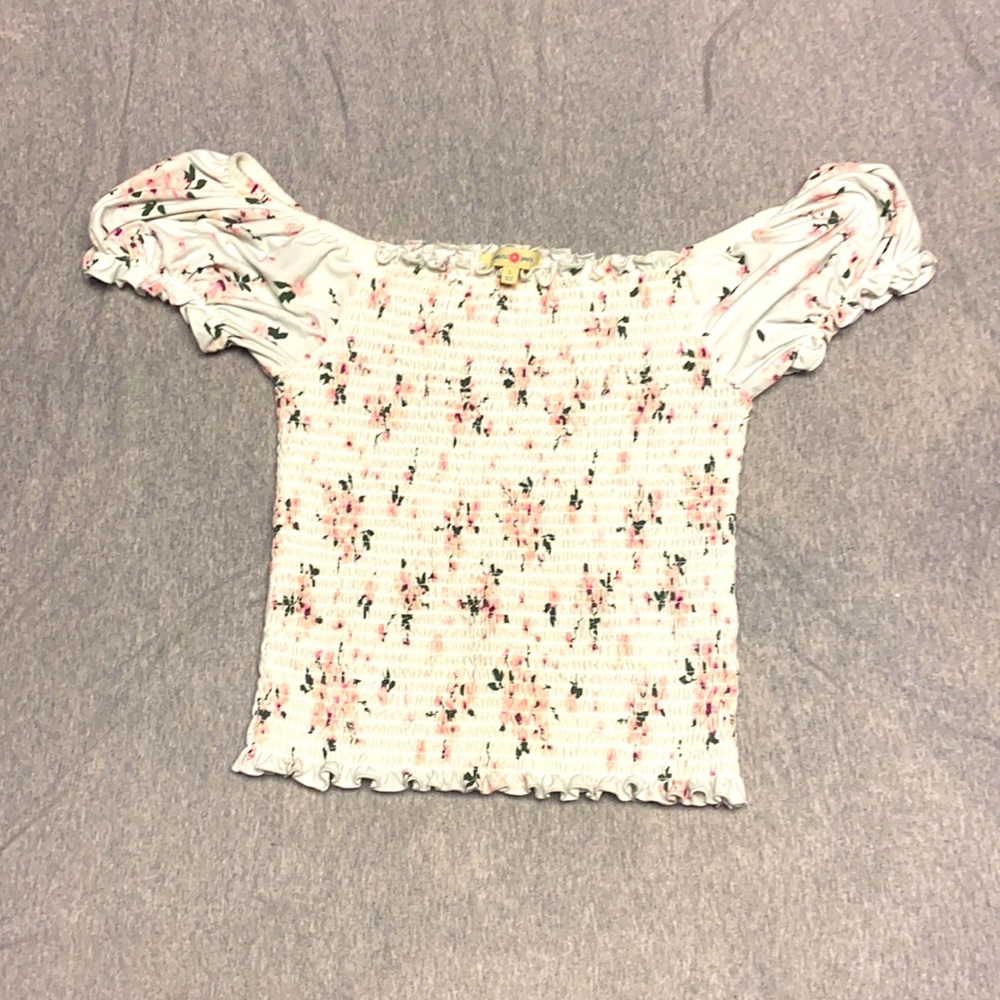 Flower print off the shoulder shirt